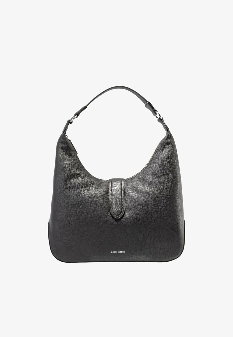 Sac hobo en cuir noir au toucher lisse, silhouette incurvée, anse supérieure et détail de logo en métal à la base.