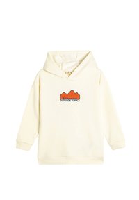 Krämfärgad hoodies med en känguruficka, med en orange bergslogotyp och texten "OUTDOOR SUPPLY" i mörkblått. Mjuk material och ribbade ärmslut.