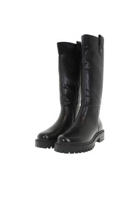 Botas de cuero negras hasta la rodilla con puntera redondeada, superficie texturizada, cremallera lateral y suela de goma gruesa. Correa decorativa en la parte superior.