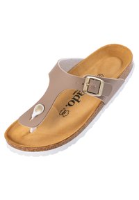Beige leather flip-flop sandal with a toe post, adjustable buckle, and cork footbed. White rubber outsole, smooth texture, and minimal branding.