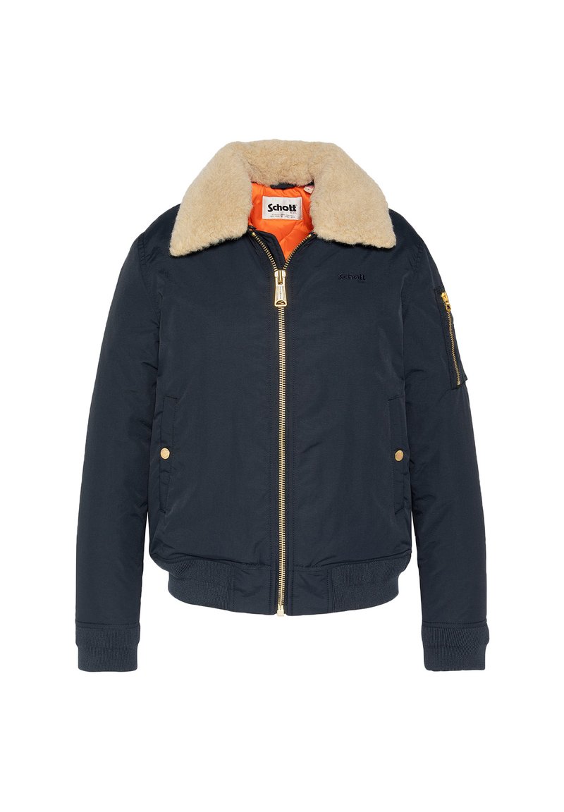 Chaqueta bomber azul marino con cuello de piel sintética beige, cierre dorado y bolsillos con botón a presión, etiqueta de la marca Schott en el interior del cuello.