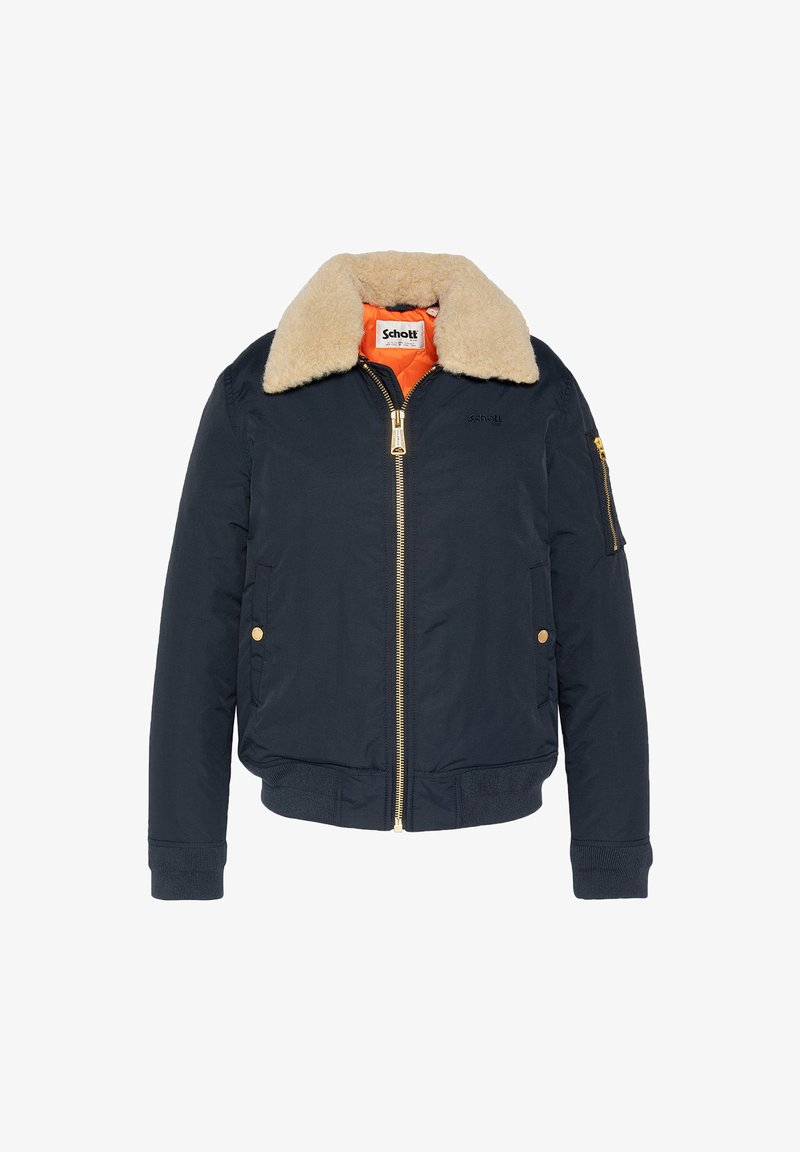 Giacca bomber blu navy con colletto in ecopelle beige, zip dorata e tasche con bottone a pressione, etichetta Schott all'interno del colletto.