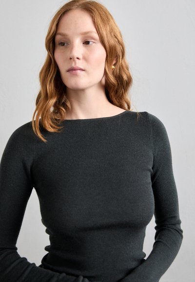 Dark gray long-sleeve ribbed sweater with a boat neckline and fitted design, made from a soft, stretchable knit material.