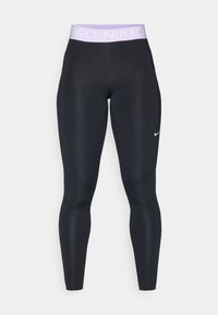 Leggings neri Nike Pro con vita alta di colore lavanda che presenta il testo "PRO NIKE" e il piccolo logo Nike bianco sulla coscia sinistra.