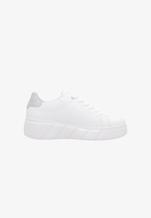 White sneaker with a smooth, leather-like upper and a textured grey suede heel tab. Thick, white platform sole with angular side detailing.
