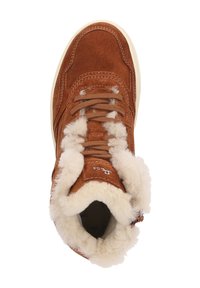 Braune Wildleder-Hochschuh Sneaker mit einem weichen Fellfutter, abgerundeter Zehenpartie, flachen Schnürsenkeln und einer strukturierten outsole für besseren Halt.