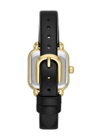 Svart läderremmsklocka med guldfärgade detaljer, rektangulär silverfärgad urtavla och en minimalistisk design. Har en enkel spänne.
