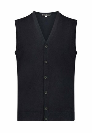 Cardigan nero senza maniche con scollo a V, sei bottoni frontali e orlo a coste, etichettato Brian Browne.