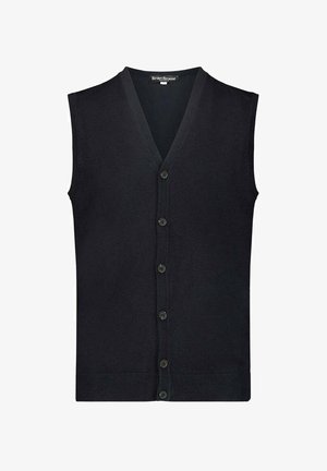 Cardigan nero senza maniche con scollo a V, sei bottoni frontali e orlo a coste, etichettato Brian Browne.