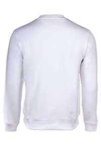 Gładka biała longsleeve bluza crewneck pokazana z tyłu, z ściągaczami przy mankietach i u dołu.