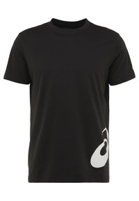 Black cotton T-shirt with short sleeves and a crew neckline. Features a large white graphic on the lower right side.