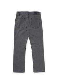 Jeans de denim gris con corte recto, cinco bolsillos y un parche de cuero en la cintura trasera. Detalles de costura simples.