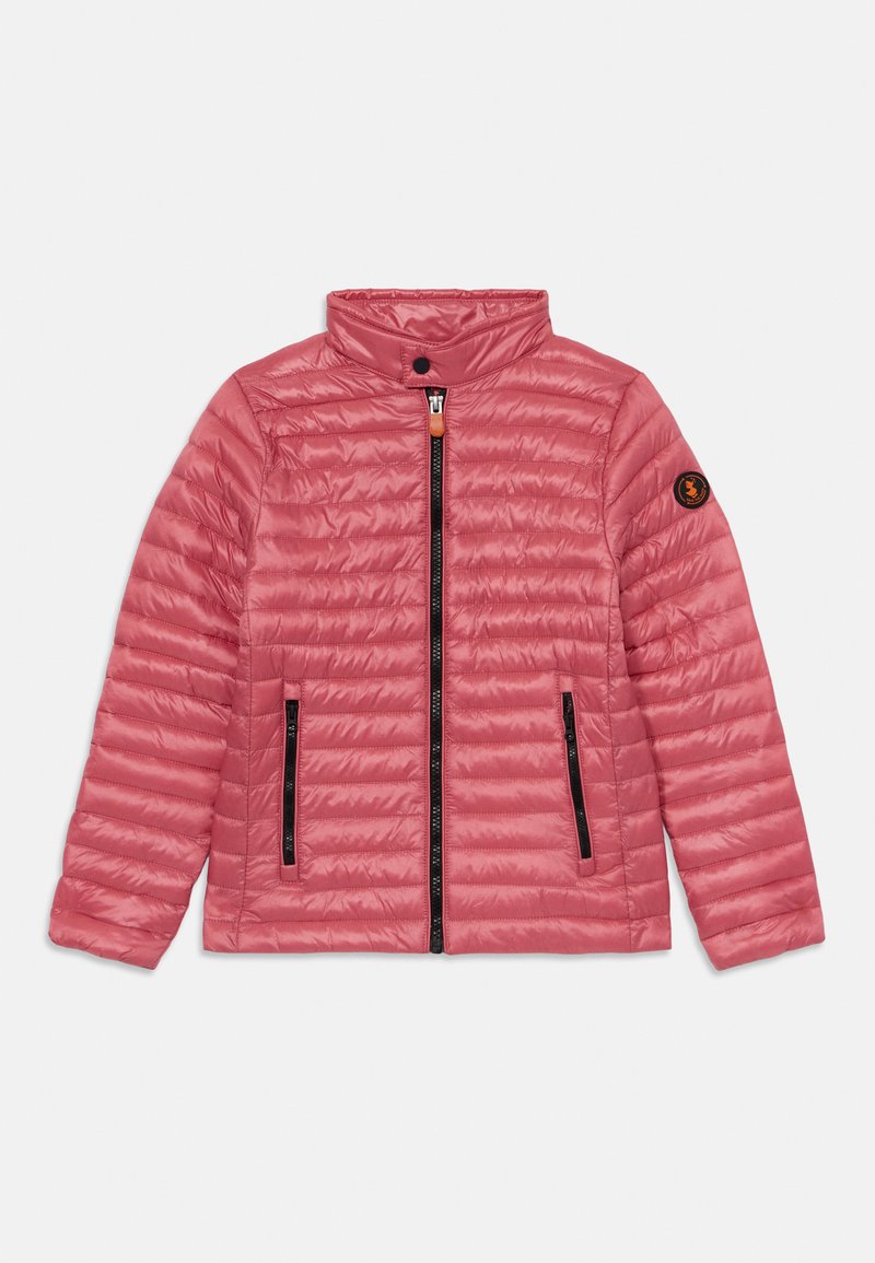 Pink padded jacket with a stand collar, zip closure, two zippered pockets, and elasticized cuffs. Features a logo patch on the sleeve.