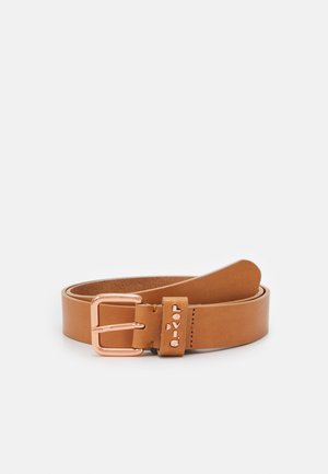 Light brown leather belt with rose gold metal buckle, featuring a stitched loop with "Levi's" embossed in matching rose gold.