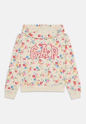 Hoodie bege com padrão floral, capuz com cordão, bolso frontal e o logo "GAP" em vermelho em destaque. Tecido suave com punhos canelados.