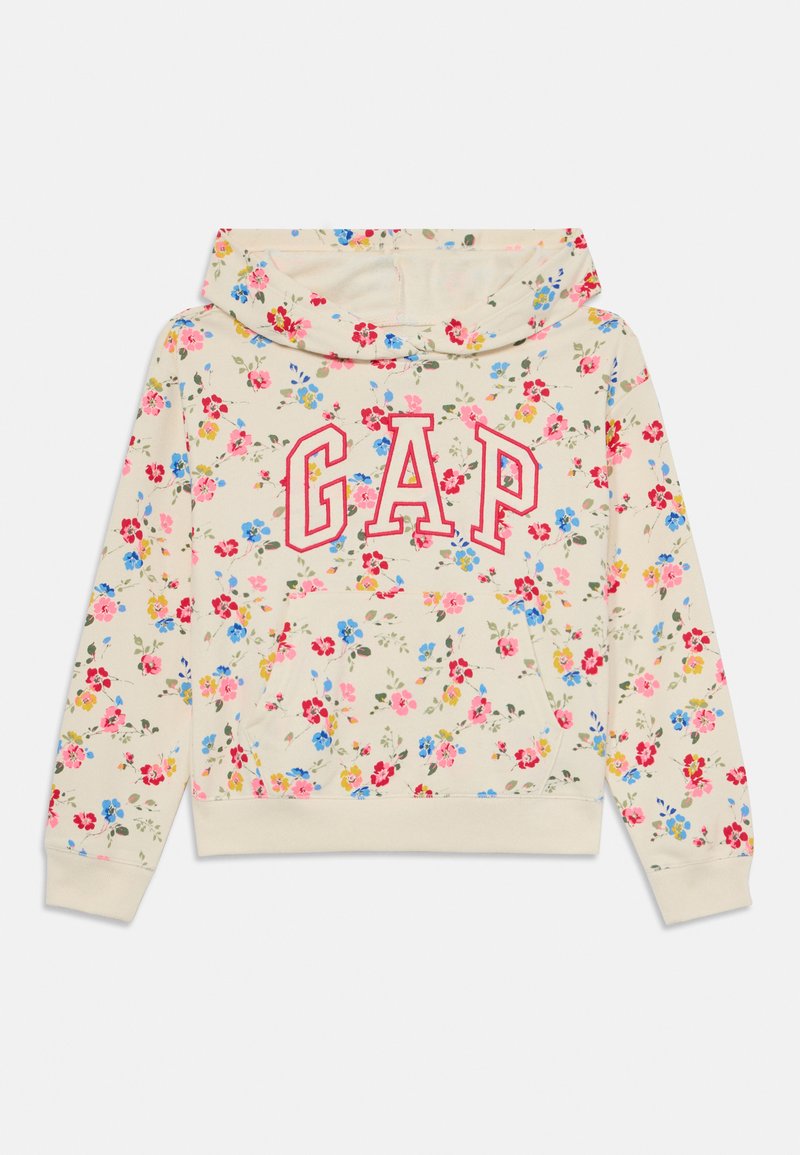 Felpa beige con motivo floreale, cappuccio regolabile, tasca frontale e grande logo rosso "GAP". Tessuto morbido con polsini a coste.