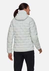 Giacca a vento verde chiaro con cappuccio, caratterizzata da un design trapuntato, polsini elastici e un logo sulla schiena. Indossata con pantaloni neri.