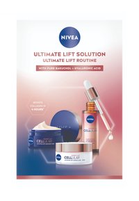 NIVEA Hautpflegeprodukte vor einem Farbverlaufhintergrund. Enthält drei Töpfe und ein Serum mit Pipette. Farben umfassen Blau, Weiß und Roségold-Akzente.