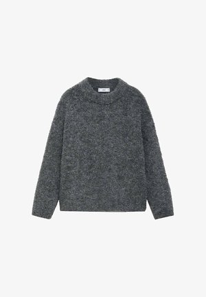 Siv sweater iz teksturirane tkanine, z visokim ovratnikom, dolgimi rokavi in ohlapnim krojem. Brez vidnih vzorcev ali kovinskih detajlov.