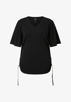 Schwarzes Kurzarmshirt mit V-Ausschnitt, aufgeblähten Ärmeln und verstellbarer Seitenschnürung, die am Saum mit Bändern gebunden ist.