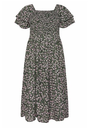 Vihreä midi-mekko, jossa on vaaleanpunainen ja valkoinen kukkakuvio, pussitetut lyhyet hihat ja smokkauksella viimeistelty neliömäinen kaula-aukko.