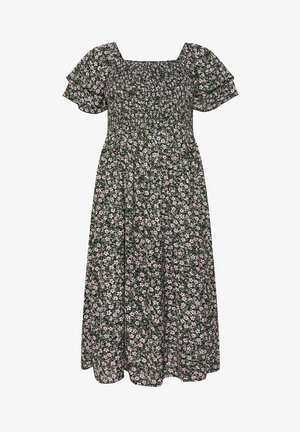 Vestido midi verde con estampado floral en rosa y blanco, mangas cortas abullonadas y escote cuadrado fruncido.