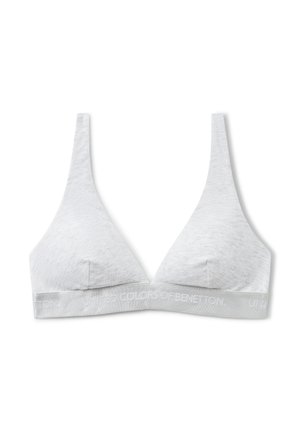 Bralette triangular gris hecho de algodón suave, con una banda ancha elástica con el nombre de la marca en relieve. Diseño minimalista sin aros.