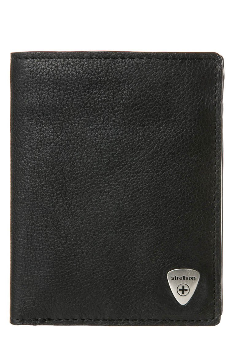 Cartera de piel negra con una superficie texturizada, diseño de dos pliegues y un emblema metálico de la marca en la esquina inferior derecha.