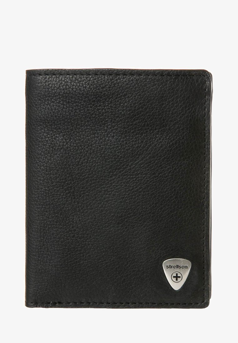Zwarte leren portemonnee met een gestructureerd oppervlak, bi-fold ontwerp en een metalen merkembleem in de rechterbenedenhoek.