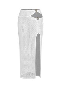 Witte kanten midi-rok met een hoge split, ingewikkeld patroon en gouden hardwareaccents bij de taille voor een comfortabele pasvorm.