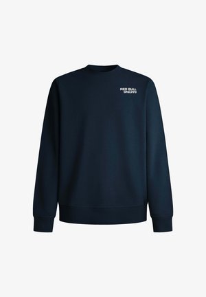 Mornarica pulover iz mehkega blaga, z okroglim izrezom, ribastimi manšeti in robom, z belim logotipom "RED BULL RACING" na levem prsnem delu.