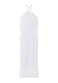 Abito bianco a halter realizzato in tessuto testurizzato, con spalline incrociate e una silhouette lunga e dritta. Design semplice e minimalista.