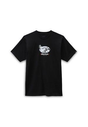 Zwart T-shirt met korte mouwen en een wit-grijs ovaal logo op de borst met de tekst "Vans" en daaronder de tekst "welzijn en groei".