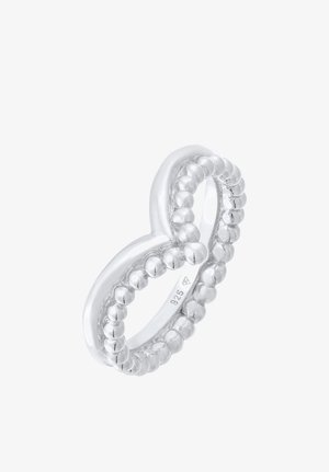Sterlingsølv ring med dobbel bånddesign og sfæriske detaljer langs kanterne. Glat tekstur med en poleret overflade.