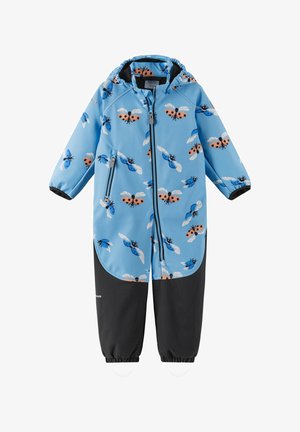 Blauer und schwarzer wasserdichter Kinder-Overall mit langen Ärmeln, Kapuze, Reißverschluss vorne und bunten Mustern von fliegenden Insekten.