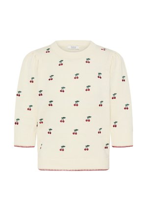 Cremefarbener Strickpullover mit Puffärmeln und roten Kirschmustern, die über den Stoff verteilt sind, mit gerippten Bündchen und Saum mit roten Details.