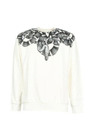 Felpa bianca con grafica di un serpente nero e grigio che avvolge il collo. Tessuto morbido con polsini e orlo a costine.