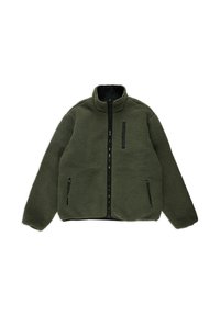 Kurtka polarowa w ciemnozielonym kolorze z wysokim kołnierzem, pełnym zamkiem błyskawicznym i dwoma bocznymi kieszeniami; teksturowana powierzchnia. Czarne akcenty na zamku i wewnętrznej podszewce.