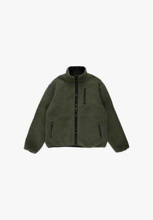 Kurtka polarowa w ciemnozielonym kolorze z wysokim kołnierzem, pełnym zamkiem błyskawicznym i dwoma bocznymi kieszeniami; teksturowana powierzchnia. Czarne akcenty na zamku i wewnętrznej podszewce.