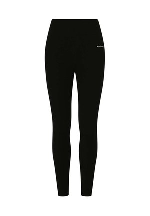 Schwarze Leggings aus dehnbarem Stoff, mit einem hohen Bund und einem kleinen "Freddy"-Logo an der linken Hüfte. Glatte Textur, vollendete Länge.