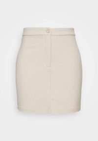 Beige sukně vyrobená z texturovaného materiálu, s těsným střihem, pasem s knoflíkovým zapínáním a rovním lemem.