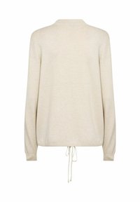 Maglione beige a maniche lunghe con collo alto, polsini a coste e orlo con cordoncino. Texture morbida con design minimalistico.