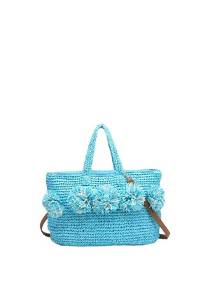 Borsa tote tessuta blu con due manici e cinque grandi pon pon decorativi sul davanti, più una tracolla marrone.