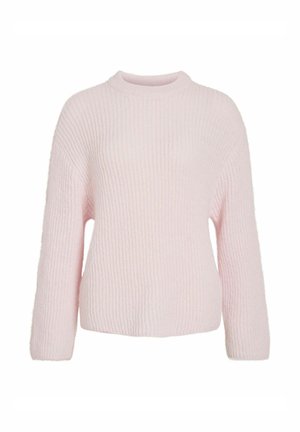 Pull en maille côtelée rose clair avec manches longues et encolure ronde. Texture douce et coupe décontractée, avec un design minimaliste.