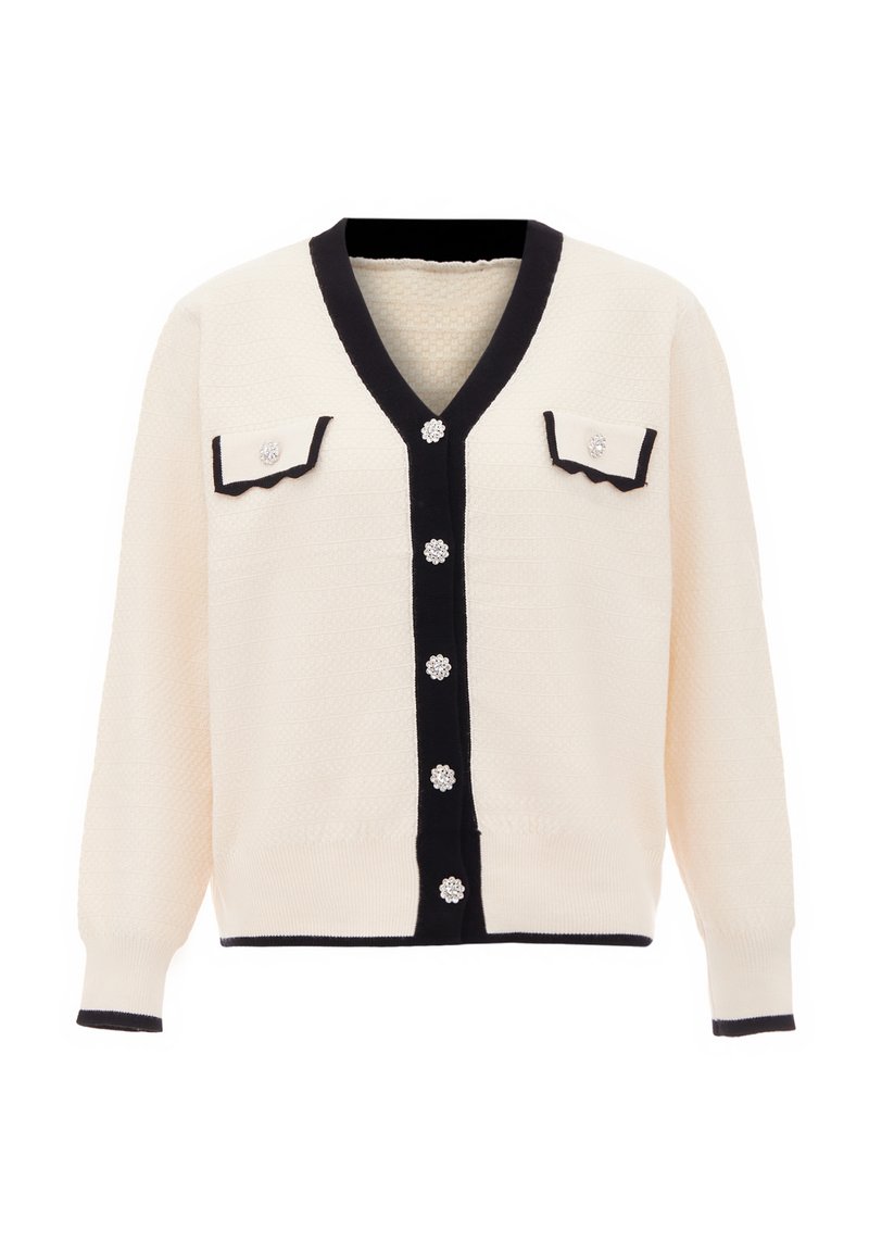 Cremefarbener Cardigan mit V-Ausschnitt, schwarzem Besatz und zwei vorderen Taschen. Verfügt über dekorative Knöpfe mit floralem Akzent und gerippten Bündchen.