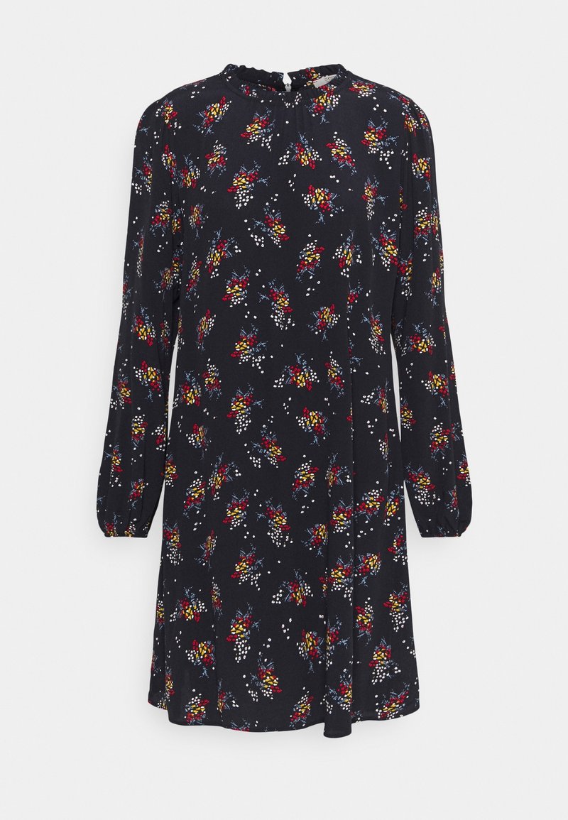 Robe bleu marine à manches longues avec des bouquets floraux rouges, jaunes et blancs, col rond avec léger volant et coupe trapèze décontractée.