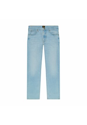 Hellblaue Denim-Jeans mit geradem Bein, fünf Taschen und einem klassischen Knopfverschluss. Das Material hat eine leicht ausgewaschene Textur.