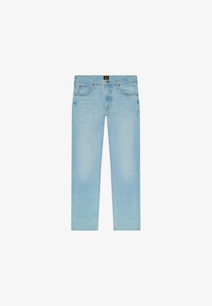 Lichtblauwe denim jeans met een rechte pijp, vijf zakken en een klassieke knoopsluiting. Materiaal heeft een licht vervaagde textuur.
