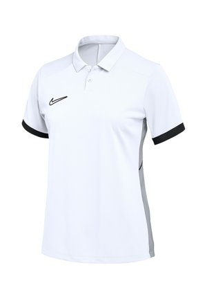 Polo blanc à manches courtes avec bande noire sur les manches, deux boutons, logo Nike noir sur la poitrine et panneaux latéraux gris.