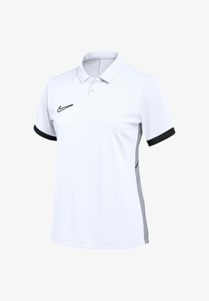 Polo blanc à manches courtes avec bande noire sur les manches, deux boutons, logo Nike noir sur la poitrine et panneaux latéraux gris.
